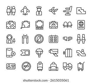 Airport Line Icons – Black Monochrome Travel and Flight Vector Pack