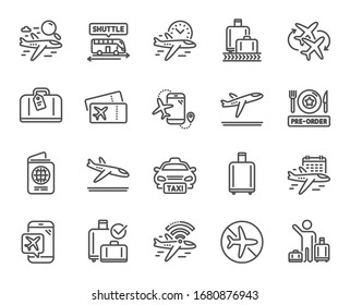 Airport line icons. Boarding pass, Baggage claim, Arrival and Departure. Connecting flight, tickets, pre-order food icons. Passport control, airport baggage carousel, inflight wifi. Vector