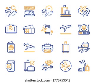 Iconos de la línea del aeropuerto. Tarjeta de embarque, reclamación de equipaje, llegada y salida. Conectando vuelo, boletos, íconos de comida previa al pedido. Control de pasaportes, carrusel de equipaje del aeropuerto, conexión inalámbrica a internet. Vector