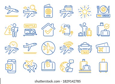 Airport line icons. Boarding pass, Baggage claim, Arrival and Departure. Connecting flight, tickets, pre-order food icons. Passport control, airport baggage carousel, inflight wifi. Vector