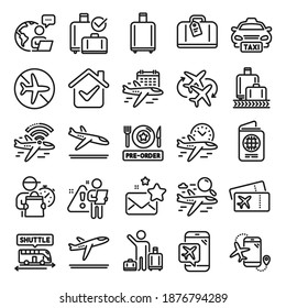 Airport line icons. Boarding pass, Baggage claim, Arrival and Departure. Connecting flight, tickets, pre-order food icons. Passport control, airport baggage carousel, inflight wifi. Vector