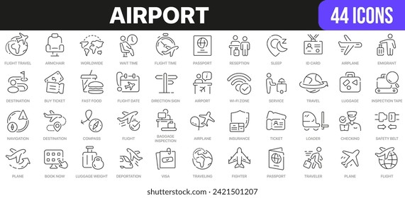 Colección de iconos de la línea del aeropuerto. Icono de interfaz de usuario establecido en un diseño plano. Excelente colección de iconos firmados. Paquete de iconos de contorno delgado. Ilustración del vector EPS10