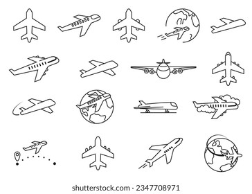 Airport Line Icons Editable Stroke. Plane icons set, passenger airplane, aircraft thin line design. Editable move.