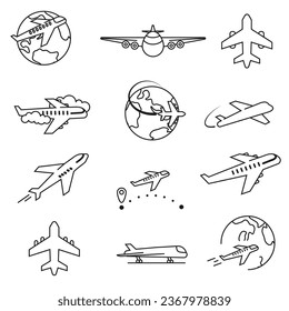 Airport Line Icons Editable Stroke. Plane icons set, passenger airplane, aircraft thin line design. Editable move.