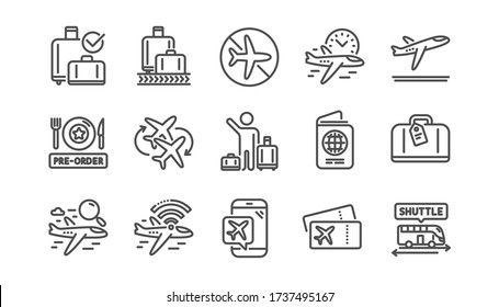 Iconos de la línea del aeropuerto configurados. Tarjeta de embarque, reclamación de equipaje, Salida. Conectando vuelo, boletos, íconos de comida previa al pedido. Control de pasaportes, carrusel de equipaje del aeropuerto, conexión inalámbrica a internet. Conjunto lineal. Vector