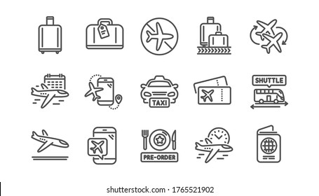 Airport line icons set. Boarding pass, Baggage claim, Arrival. Connecting flight, tickets, pre-order food icons. Passport control, airport baggage carousel, flight mode. Linear set. Vector