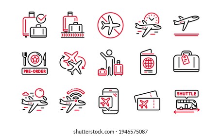 Airport line icons set. Boarding pass, Baggage claim, Departure. Connecting flight, tickets, pre-order food icons. Passport control, airport baggage carousel, inflight wifi. Linear set. Vector