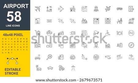 Airport Line Icons Set – Editable Stroke Vector Pack, Aviation and Travel Icon Collection – Minimal Line Vector, Airport Services and Facilities Icons – Thin Line Bundle