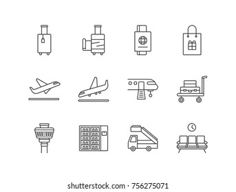 Airport line icons set with luggage, baggage wrapping, passport, duty free, airplane boarding, departure, arrival, trolley, tower, waiting area.