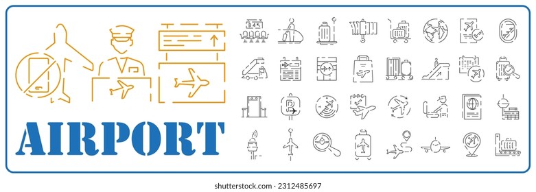 Airport Line Icons and Symbols icon Set, Plane, Transportation, Sign, Object. Summer travel flight tourist