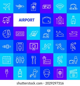 Iconos de la línea del aeropuerto. Símbolos de vuelo de contorno delgado del vector.