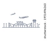 Airport line vector icon - airport terminal building and planes linear pictogram isolated on white background. Vector illustration.