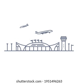 Airport line vector icon - airport terminal building and planes linear pictogram isolated on white background. Vector illustration.