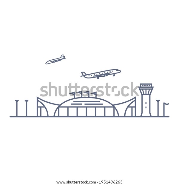 Airport line vector icon - airport terminal\
building and planes linear pictogram isolated on white background.\
Vector illustration.