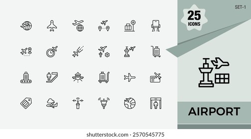 Airport linear icon collection. Includes icons for find, departure, elevator, luggage, search, change and more. Simple icon designs. Vector illustration.