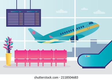 Airport lobby interior design. Electronic scoreboard with schedule of arrivals and departures of aircraft. Flight waiting room. View from windows on airplane taking off. Flat vector illustration