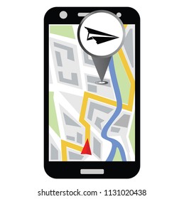 Airport location. Simple icon of pointer with airplane icon and smartphone with map on the screen.