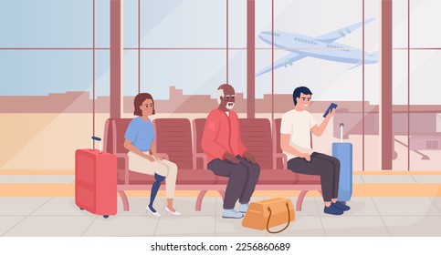 Airport lounge flat color vector illustration. Passengers with luggage and bags sitting in chairs. Tourists waiting. Fully editable 2D simple cartoon characters with terminal interior on background