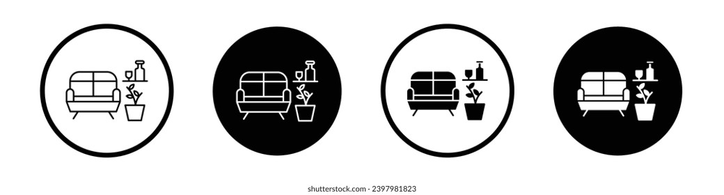 Airport lounge icon set. home living room furniture vector symbol. waiting room sign in black filled and outlined style.