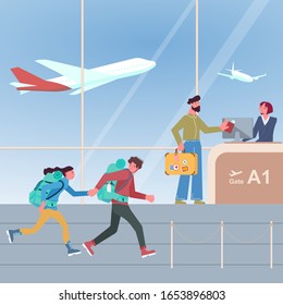 Airport lounge interior. People go to Plane landing. Young couple is late and running to gate. Female Employee airport checks at landing tickets. Flat Art Vector illustration