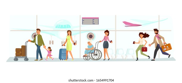 Airport lounge interior. People go to Plane landing. Young couple is late and running to gate. Flat Art Vector illustration