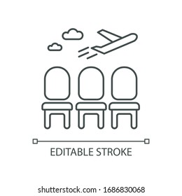 Airport lounge pixel perfect linear icon. Waiting lobby before airplane departure. Thin line customizable illustration. Contour symbol. Vector isolated outline drawing. Editable stroke