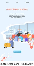 Airport Lounge Service Flat Vector Web Banner, Landing Page Template with Airline Clients, Airplane Passengers Waiting Plane, Resting Between Flights in Airport Comfortable Waiting Zone Illustration