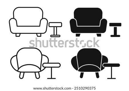 Airport lounge vector icon set with armchair. Waiting room luxury couch vector symbol in black color