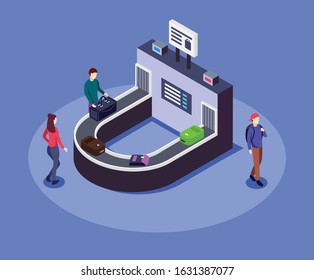 Airport luggage belt isometric color vector illustration. Luggage conveyor 3d concept isolated on blue background. Arriving travelers, passengers taking bags. Airline company service