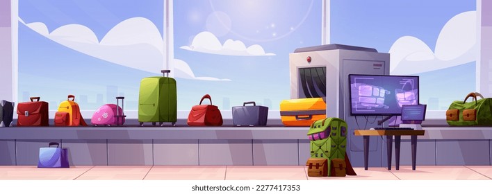 Airport luggage conveyor security belt vector. Check suitcase baggage in scanner machine in airline terminal cartoon illustration. Inspection checkpoint area with modern detector and monitor.