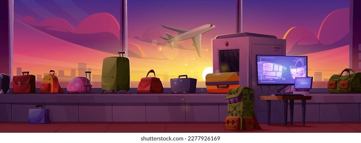 Airport luggage conveyor security belt vector. Check suitcase baggage in scanner machine in airline terminal cartoon illustration. Inspection checkpoint area with modern detector and monitor.