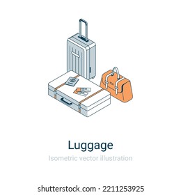 Airport luggage flat isometric vector icon illustration. 3d baggage symbols isolated on white