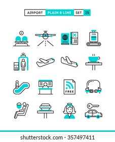 Airport, luggage scanning, flight, rent a car and more. Plain and line icons set, flat design, vector illustration