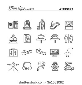 Airport, Luggage Scanning, Flight, Rent A Car And More, Thin Line Icons Set, Vector Illustration