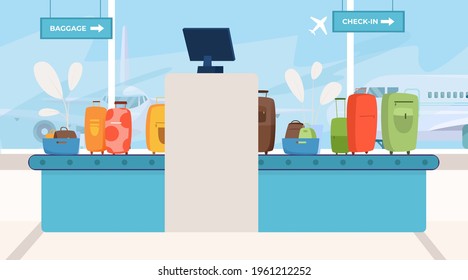 Airport luggage security x ray scanning area, baggage check in place, modern aeroport terminal front desk flat vector illustration.