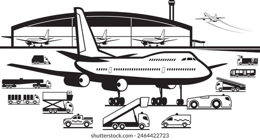 Airport maintenance vehicles around aircraft - vector illustration