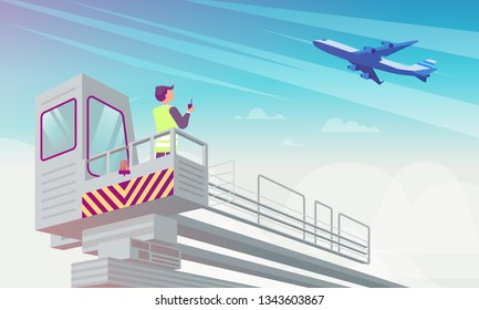 Airport Manager Looks at Plane Flat Vector Illustration. Man in Light Reflecting Vest is Standing on Tower Terminal and Holding Walkie Talkie in Hand. Sky Plane Takes Off against Background Clouds.