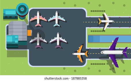 Airport with many of planes in top view - vector illustration