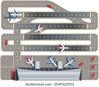 Airport map with asphalt paths. Airplane traffic road