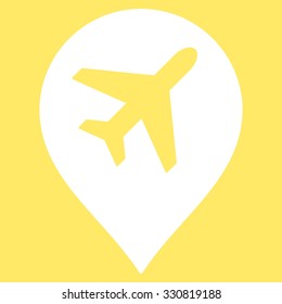 Airport Map Marker vector icon. Style is flat white symbol, rounded angles, yellow background.