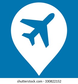 Airport Map Marker vector icon. Style is flat white symbol, rounded angles, blue background.