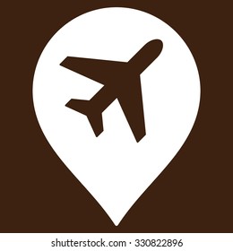 Airport Map Marker vector icon. Style is flat white symbol, rounded angles, brown background.