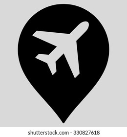 Airport Map Marker vector icon. Style is flat black symbol, rounded angles, light gray background.