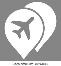 Airport Map Markers vector icon. Style is flat white symbol, rounded angles, gray background.