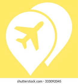 Airport Map Markers vector icon. Style is flat white symbol, rounded angles, yellow background.