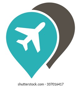 Airport Map Markers vector icon. Style is flat bicolor grey and cyan symbol, rounded angles, white background.