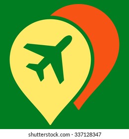 Airport Map Markers vector icon. Style is flat bicolor orange and yellow symbol, rounded angles, green background.