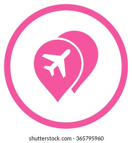 Airport Map Markers vector icon. Style is flat circled symbol, pink color, rounded angles, white background.