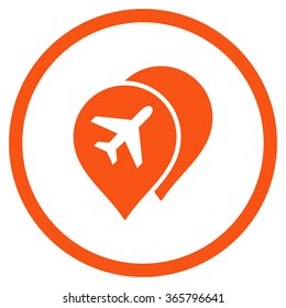 Airport Map Markers vector icon. Style is flat circled symbol, orange color, rounded angles, white background.