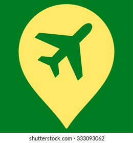 Airport Marker vector icon. Style is flat yellow symbol, rounded angles, green background.